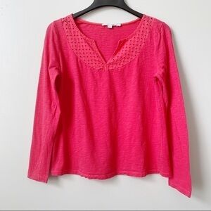 BODEN Pink Eyelet Trim Cotton Long Sleeve Tee 10 v-neck